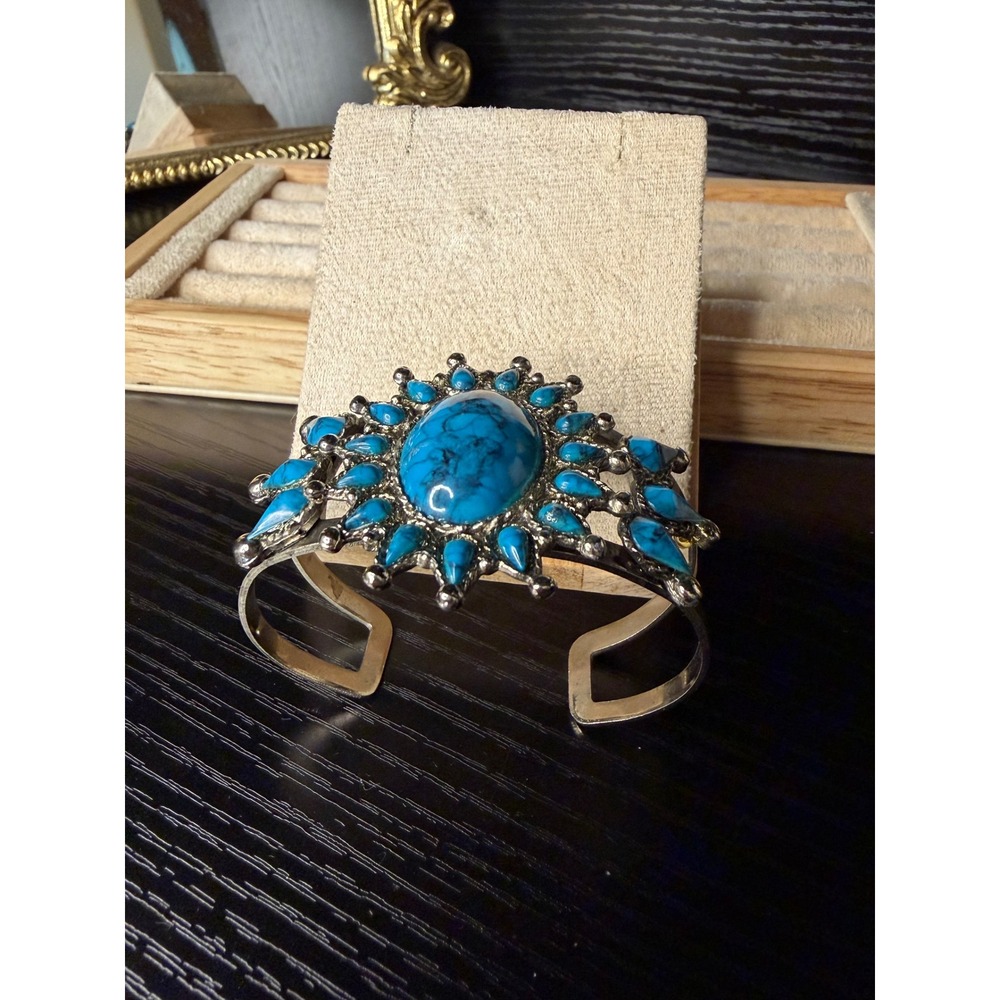 Vintage Style Faux Turquoise Sunburst Cuff Bracelet Silver Tone Southwestern